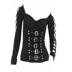 GOTHIC BLACK COTTON CORSET TOP WITH LONG SLEEVES 